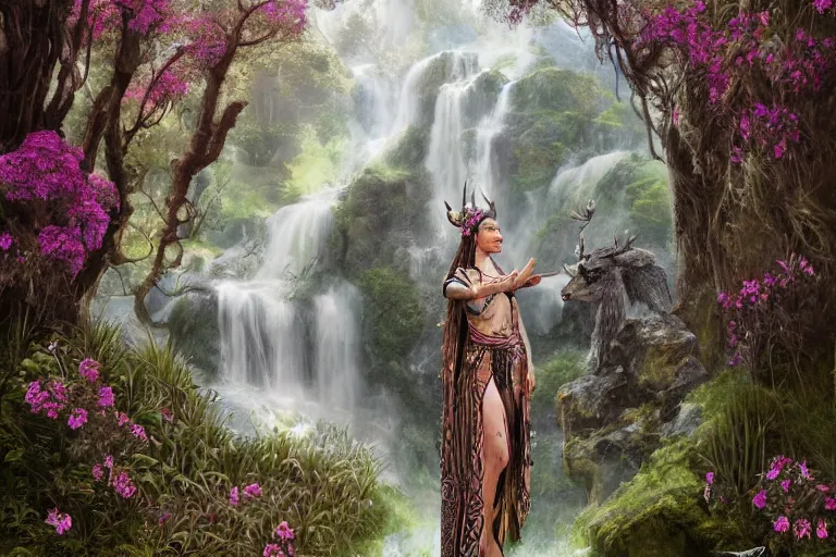 Prompt: A beautiful divine tribal high priestess with feathers and crystals in a lush field of flowers, highly detailed medieval temple with waterfall and Deer behind her, wide painting by greg rutkowski and HR Giger, Zbrush, Trending on artstation:1 H 1024