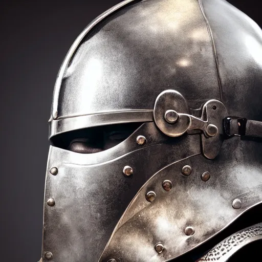 Image similar to portrait of a knight in armor, studio lighting, dark background, open helmet with face visible, photorealistic style