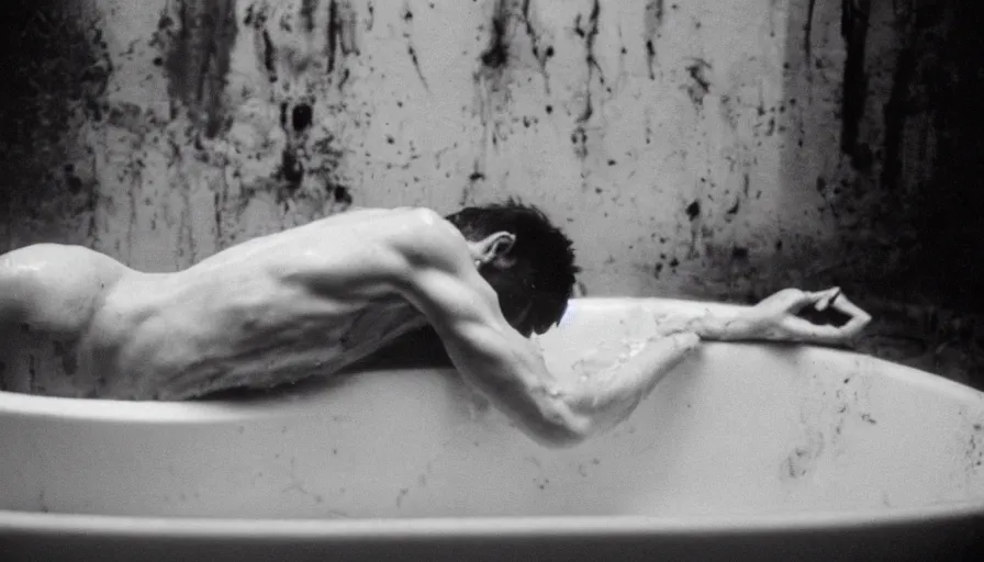 Image similar to hyper detailed movie still of marat knife at the chest, in a bath flooded with blood, cinestill 8 0 0 t 3 5 mm, high quality, heavy grain, high detail, cinematic composition, dramatic light, anamorphic, ultra wide lens, hyperrealistic, by josef sudek