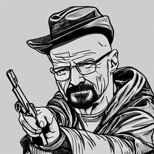 Image similar to Walter White pointing a pistol at you, lineart