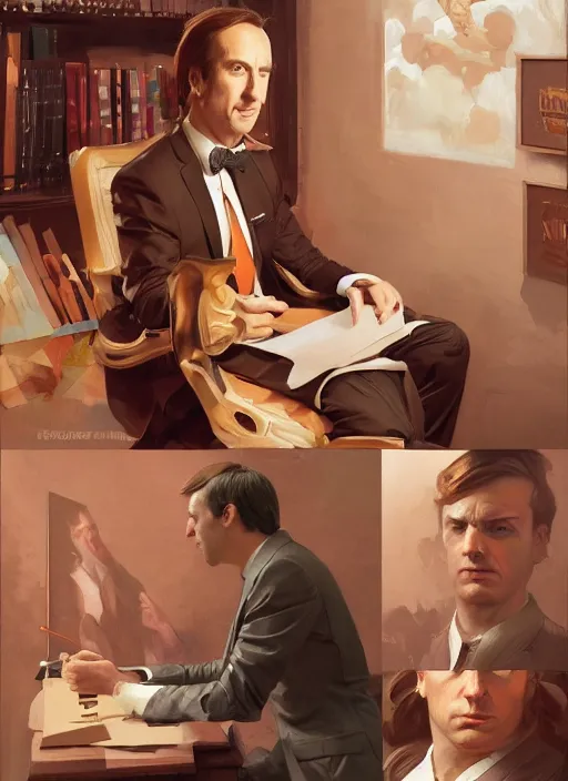 Image similar to portrait of saul goodman, portrait of saul goodman, portrait of saul goodman, lawyer clothing, painting by sargent and leyendecker, asymmetrical, intricate, elegant, matte painting, illustration,, by rhads, by greg rutkowski, by greg tocchini, by james gilleard, by joe fenton