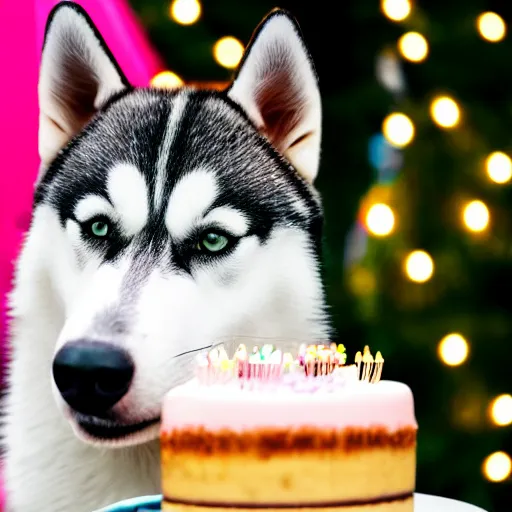 Prompt: a high - quality photo of a husky with a birthday cake, 4 5 mm, f 3. 5, sharpened, iso 2 0 0, food photography