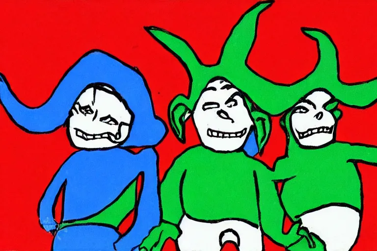 Image similar to red on green blue black simple colors white background simple ms paint doodle of group portrait of grey goblins looking funny looking smug