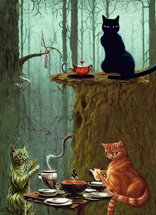 Image similar to cat having tea with a witch at a shrine in the woods gorgeous lighting, lush forest foliage blue sky a hyper realistic painting by chiara bautista and beksinski and norman rockwell and greg rutkowski weta studio, and lucasfilm