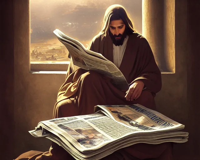 Image similar to photography of jesus christ sitting a toilet reading newspaper about terrorists, deep focus, d & d, fantasy, intricate, elegant, highly detailed, simple background, digital painting, artstation, concept art, matte, sharp focus, illustration, hearthstone, art by artgerm and greg rutkowski and alphonse mucha