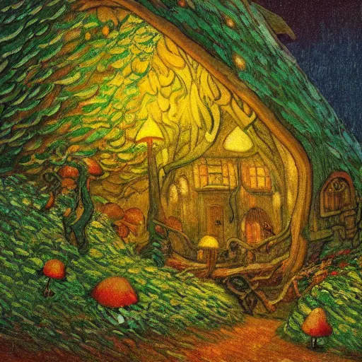 Prompt: mysterious detailed painting of a cozy woodland cottage in the woods at night, surrounded by giant glowing mushrooms, in the style of studio ghibli and moebius and claude monet and edward hopper and vincent van gogh