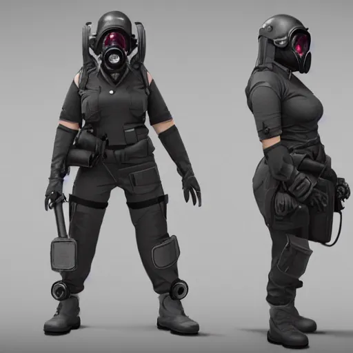 Image similar to woman with s 1 0 gas mask and a tactical uniform, mechanically augmented, trending on artstation, mysterious