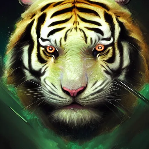 Image similar to a beautfiul award winning commission of a albino tiger wearing emerald armour,digital art,detailed face,art by greg rutkowski,ross tran,artgerm,character deisgn by charles bowater,artstation,deviantart,aesthetic,relaxing atmosphere