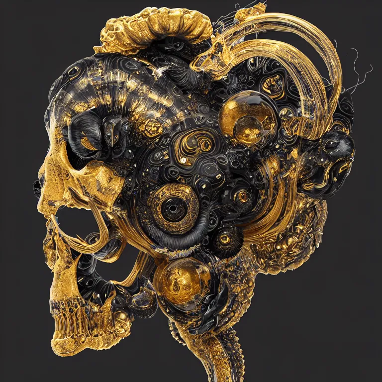 Image similar to black background. absolutely symmetrical sculpture. centered. goddess princess face close-up portrait ram skull. sculpture made of gold and black charcoal. jellyfish phoenix head, nautilus, orchid, skull, betta fish, bioluminiscent creatures, intricate artwork by Tooth Wu and wlop and beeple. octane render, trending on artstation, greg rutkowski very coherent symmetrical artwork. cinematic, hyper realism, high detail, octane render, 8k