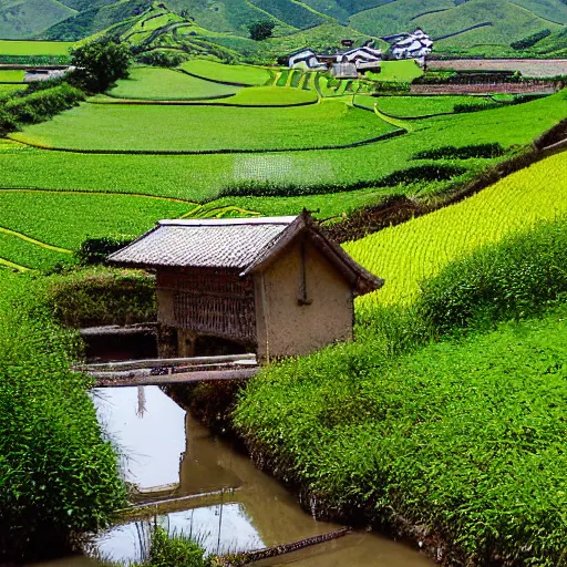 Prompt: countryside of china. a small bridge, several cottages, with a stream flow. peach blossom. Flat and wide land with neat rows of houses. Fertile fields, beautiful ponds, and mulberry and bamboo forests. The paths between the fields were intertwined, and the cries of chickens and dogs could be heard everywhere. People were working in the fields, and they were happy and comfortable. traditional Chinese painting.