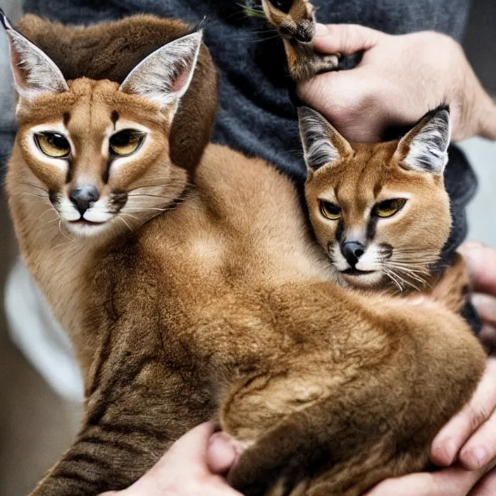 Image similar to Ryan Gosling holds a caracal cat in his hands, ultra highly detailed, smooth, sharp focus, elegant, artstation