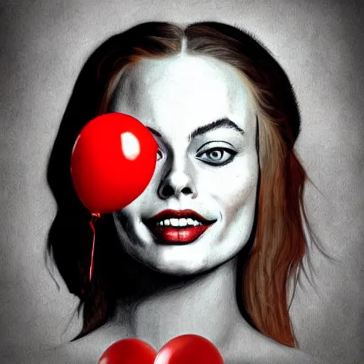 Prompt: surrealism grunge cartoon portrait sketch of margot robbie with a wide smile and a red balloon by - michael karcz, loony toons style, mona lisa style, horror theme, detailed, elegant, intricate