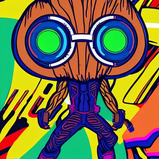 Image similar to svg sticker of a Pop-Wonder Groot-Marvel-Avenger at a rave, spinning records, giant headphones rocking out, wearing headphones, huge speakers, dancing, rave, DJ, spinning records, digital art, amazing composition, rule-of-thirds, award-winning, trending on artstation, featured on deviantart