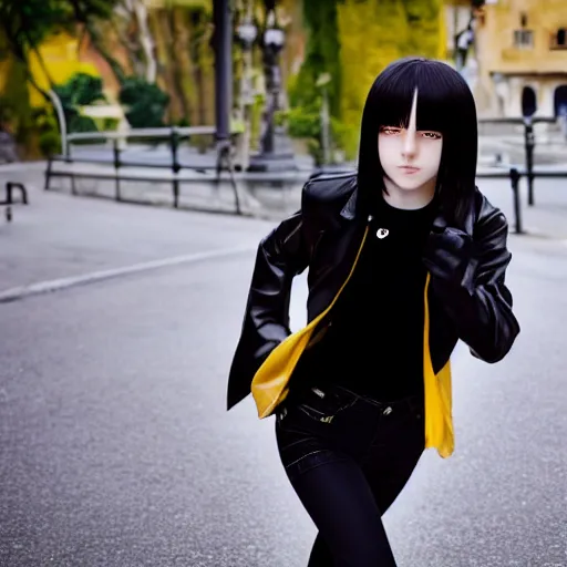 Prompt: 1 7 - year - old pale - skinned anime girl with black long bob cut, long bangs, black gothic jacket, black jeans, running through italian city, yellow sunshine, sepia sun, ultra - realistic, sharp details, subsurface scattering, intricate details, hd anime, 2 0 1 9 anime