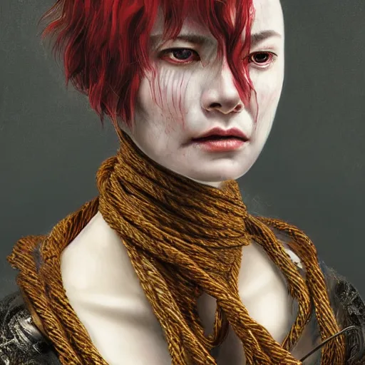 Image similar to portrait of a Shibari rope wrapped face and neck, headshot, insanely nice professional hair style, dramatic hair color, digital painting, of a old 15th century, old cyborg merchant, amber jewels, baroque, ornate clothing, scifi, realistic, hyperdetailed, chiaroscuro, concept art, art by Franz Hals and Jon Foster and Ayami Kojima and Amano and Karol Bak,