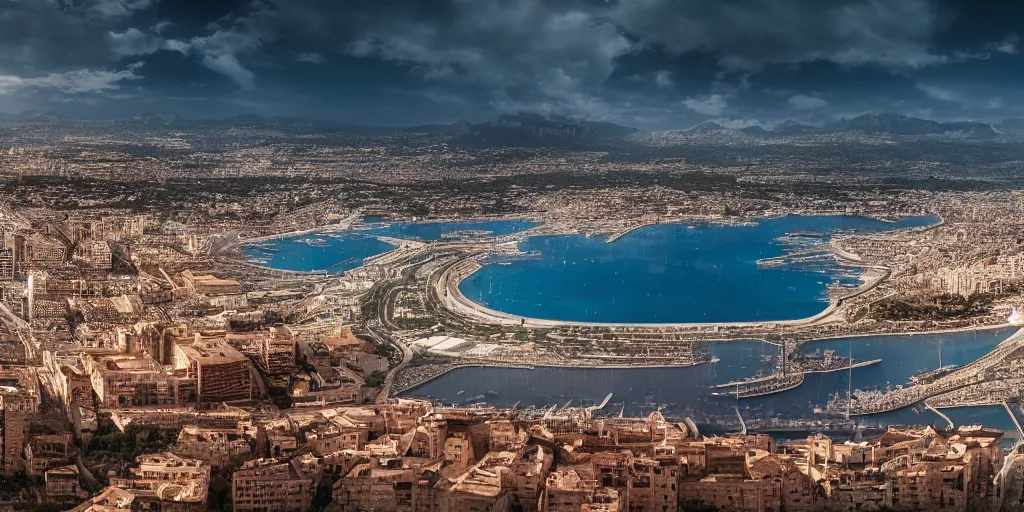 Image similar to panoramic view of palma de mallorca bay in cyberpunk style, realism, 4 k, octane render, award winning photograph