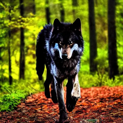 Image similar to majestic and beautiful dark wolf walking through a forest of leaves and trees photo realistic ultra details award winning realistic