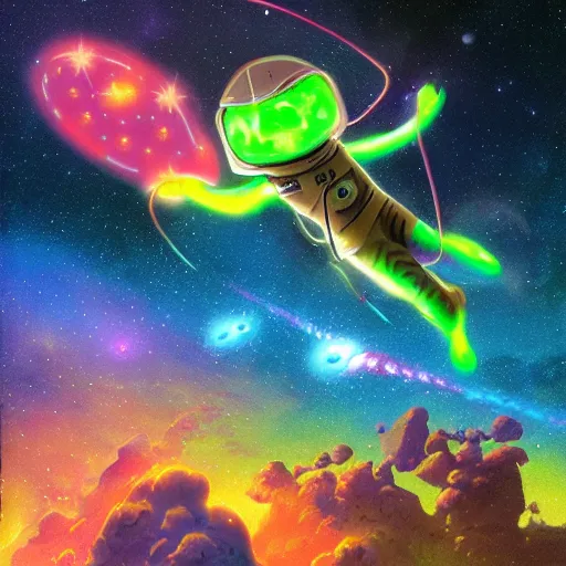 Prompt: a neon astronaut cat flying through the cosmos, in a bioluminescent asteroid field, marc simonetti, lisa frank