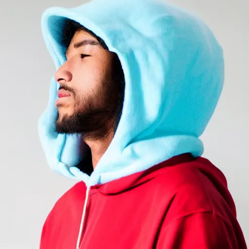 Prompt: a person wearing a cyan hoodie with a white cloud in place of the head