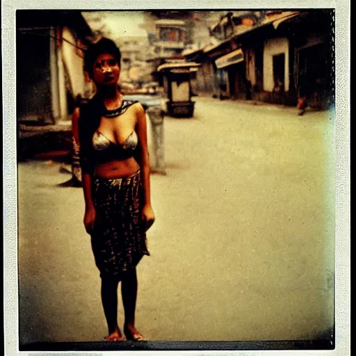 Prompt: 3 5 mm vintage polaroid picture of a nepali girl in the street of kathmandu, posing for playboy photoshoot