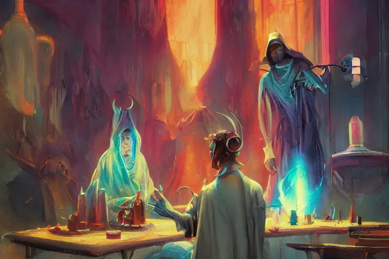 Image similar to A beautiful masterpiece painting of a technomancer wizard in robes with pointed hood discussing sentience with his synthesized Al djinn in his laboratory near a computer (by Remedios Varo and Anato Finnstark and Greg Rutkowski), (dayglo pink, dayglo blue, dazzle camouflage), 8k, trending on ArtStation