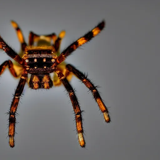 Image similar to macro lens photo of a spider, dynamic lighting, photorealistic, ultra detailed, stunning visuals, blur, studio photo, studio quality lighting, 8 k