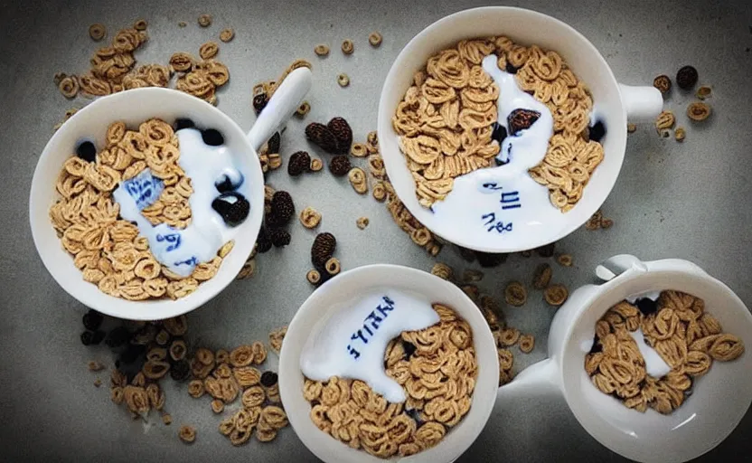 Image similar to “cereal bowl, with countries floating on the milk, each country has a soldier shooting at the other countries”