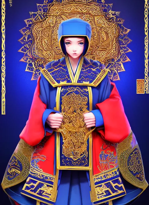 Prompt: manchurian martial artist!!!! blue eyes!! intricate ornate blue robes!! character concept art, sharp focus, octane render! unreal engine 5! highly rendered!! trending on artstation!! detailed linework!! illustration by artgerm, wlop, and chie yoshii