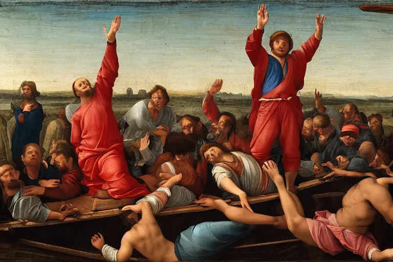 Prompt: a man lying at the back of a boat with his hands in the air, a renaissance painting by Jean Fautrier, unsplash contest winner, american romanticism, movie still, renaissance painting, film grain