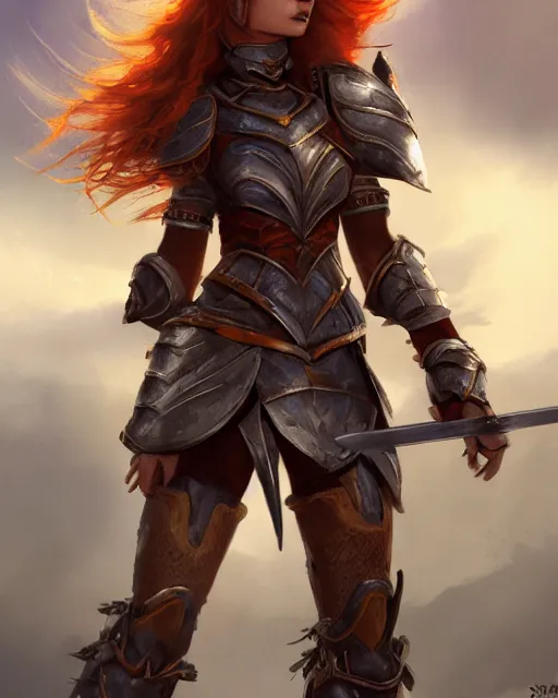 Image similar to a fierce warrior princess, with long auburn hair and functional armor, and a long sword, by steve argyle, trending on cgsociety, artstation, deviantart, digital illustration, concept art, character art