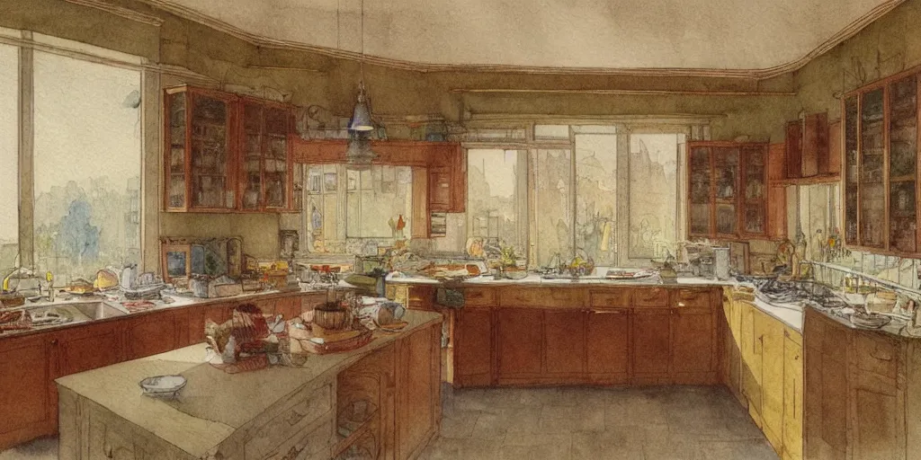 Prompt: a hiper intricate watercolor of a beatiful modern kitchen, extremely detailed, sharp focus, wide view, detailed rought paper, digital illustration, colorfull, by william turner art, by greg rutowski, by carl larson, by edmund dulac