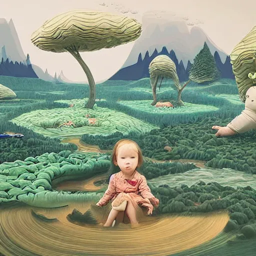 Image similar to inflatable landscape with forest, river and mountains floating child dreams and wishes , concept art, huge scale, high detail, sci fi by James Jean