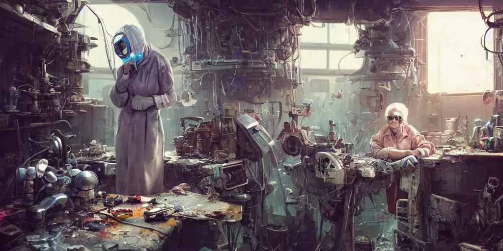 Prompt: an environmental concept art of an elderly woman cyberneticist in a messy workshop by artgerm and greg rutkowski, surgical implements, surgery theatre, robotic arm, blood spatter, highly detailed, cinematic, dramatic, cyberpunk, dieselpunk, scifi space station, horror, ( bladerunner 2 0 4 9, cyberpunk 2 0 7 7 )