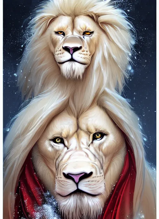 Prompt: award winning beautiful portrait commission of a male furry anthro albino lion with tattoos on his muscular belly with a beautiful hyperdetailed face wearing a golden and red winter handcrafted outfit with red gradient background and white snow falling around lion. Character design by charlie bowater, ross tran, and makoto shinkai, detailed, inked, western comic book art