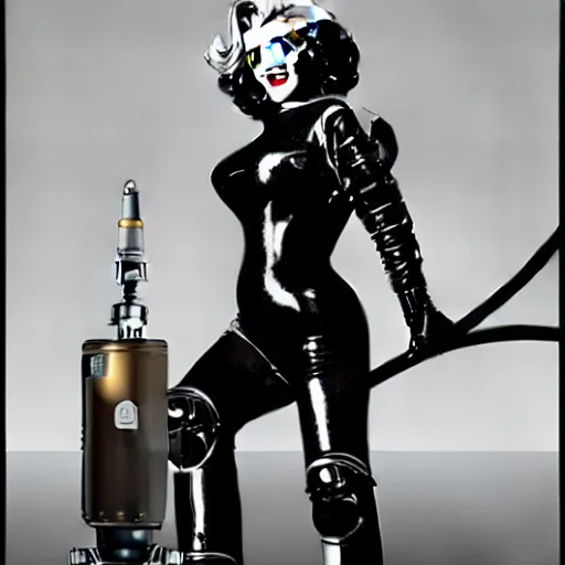 Image similar to marilyn monroe in a cybernetic spacesuit, cigarette dangling, grenade in hand, by pascal blanche, ultradetailed, 8 k