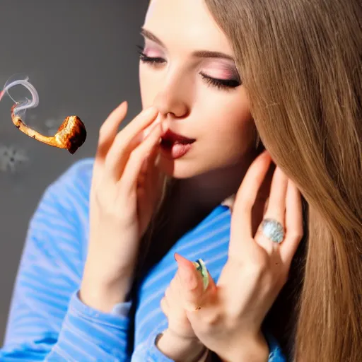 Image similar to pretty girl smoking a dab of concentrates and blowing a heart-shaped smoke ring