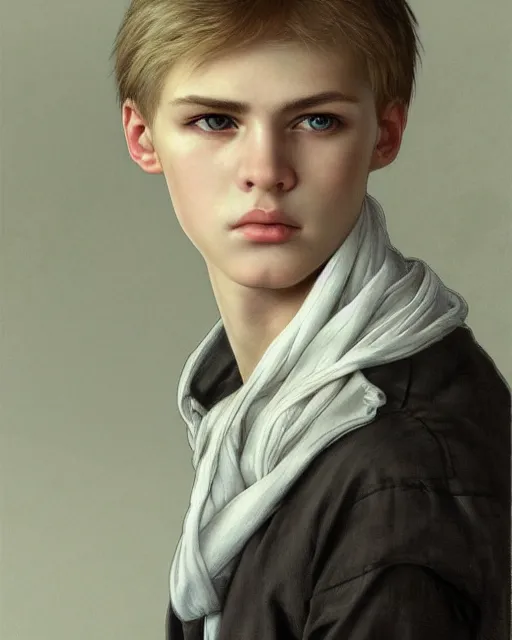 Image similar to portrait a 1 5 - year - old boy, with slender, sleek white - blond hair, cold grey eyes, a pale complexion with sharp and pointed features, wearing black clothes, hyper realistic face, beautiful eyes, close up, fantasy art, in the style of greg rutkowski, intricate, alphonse mucha, hyper detailed, smooth