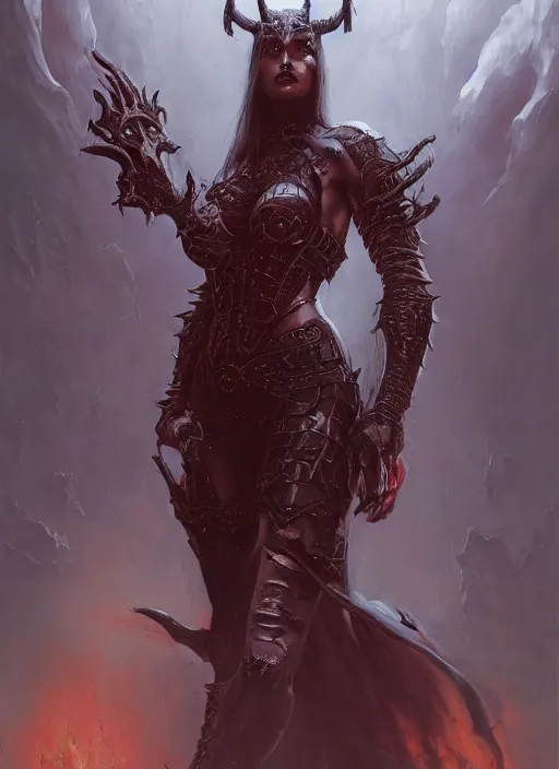 Image similar to a detailed full body portrait of an demon woman in body armor, diablo 4 lilith, a beautiful face, by dorian cleavenger, by greg rutkowski, by wlop, by astri lohne, by zdzisław beksinski, by bastien lecouffe - deharme, trending on artstation