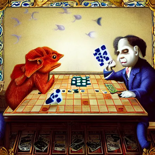 Prompt: two fishes sitting at a table playing cards, at the bottom of the sea, the table has a checkered table cloth, hyperdetailed, cinematic light, lowbrow surrealistic, in the style of mark ryden,