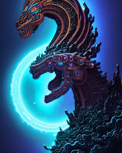 Image similar to 3 d ornate carved dark cosmic horse with profile portrait, sigma 5 0 0 mm f / 5. beautiful intricate highly detailed quetzalcoatl skull. bioluminescent, plasma, lava, ice, water, wind, creature, thunderstorm! artwork by tooth wu and wlop and beeple and greg rutkowski, 8 k trending on artstation