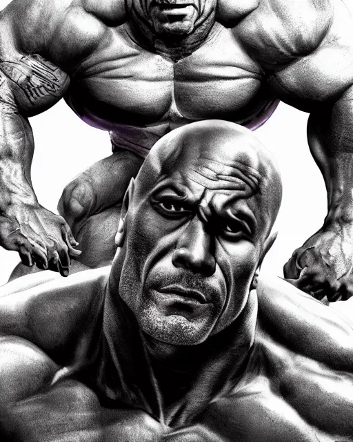 Prompt: an epic dramatic portrait of dwayne johnson as the superhero the maxx from mtv liquid television, very low angle, detailed face, epic art, trending on artstation, deviantart, high detail, high definiton, ultra realistic, hyper realistic, photo realistic, 4 k uhd