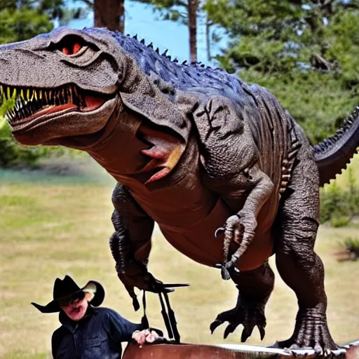 Image similar to a t-rex mounted by a cowboy