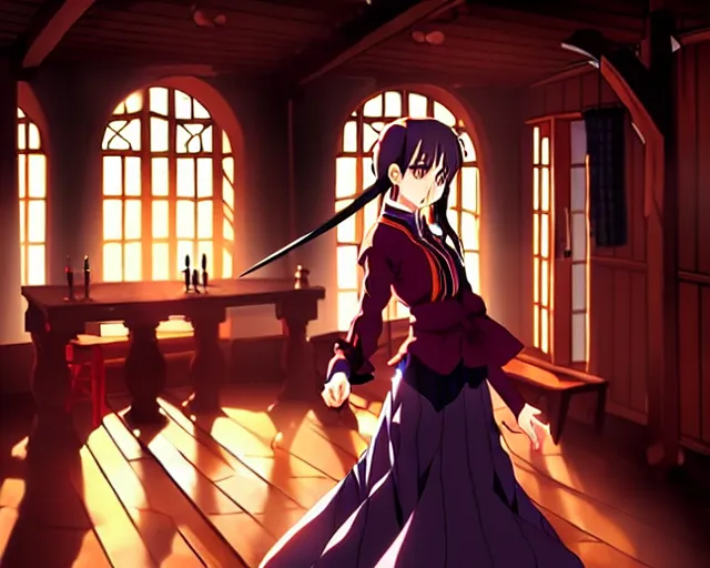 Image similar to key anime visual portrait of a young female witch in a tavern interior defending a companion, dynamic pose, dynamic perspective, cinematic, dramatic lighting.