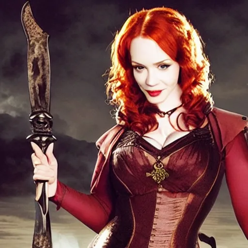 Image similar to full body photo of christina hendricks as a vampire warrior with weapons