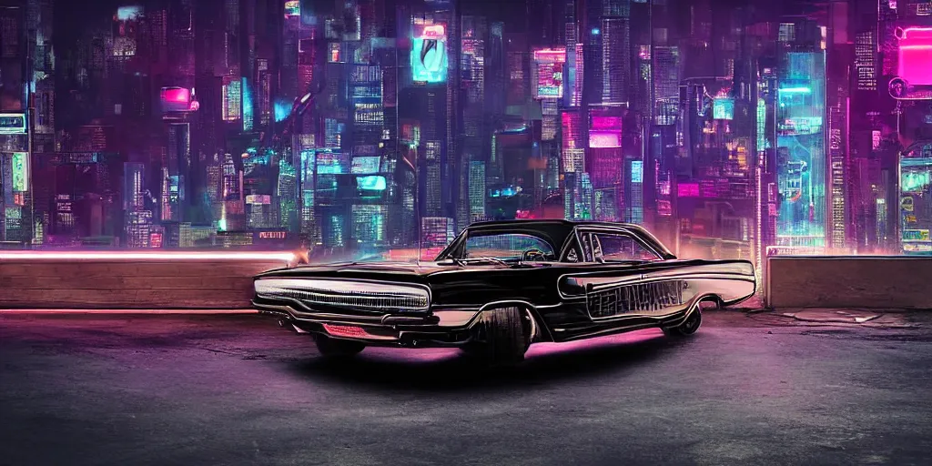 Image similar to A Black 1960s Dodge Charger car parked on a ridge overlooking a neon cyberpunk city at night, digital art