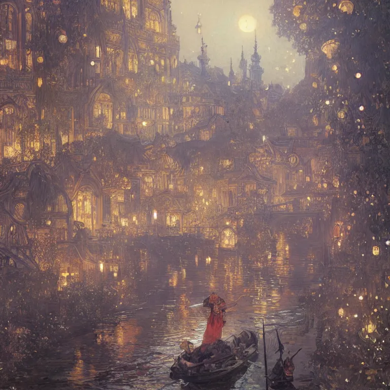 Image similar to a beautiful painting of the view from the river of the lantern festival in ancient london, at night with a sky full of stars, intricate, elegant, highly detailed, digital painting, artstation, concept art, by krenz cushart and artem demura and alphonse mucha