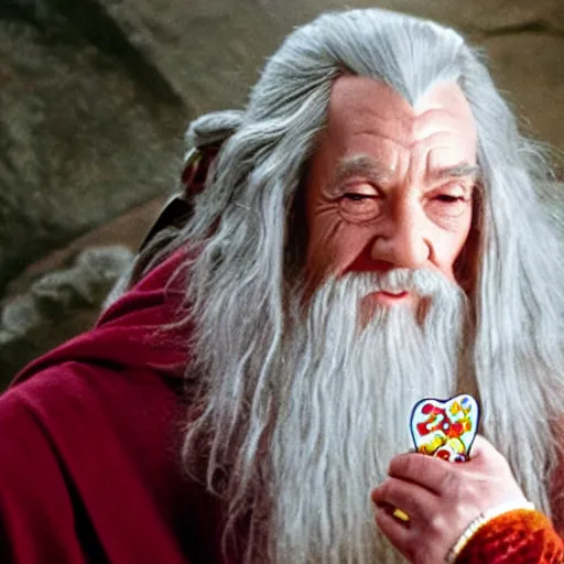 Image similar to portraid of gandalf wearing a Hello Kitty costume, smiling, holding a blank playing card up to the camera, movie still from the lord of the rings