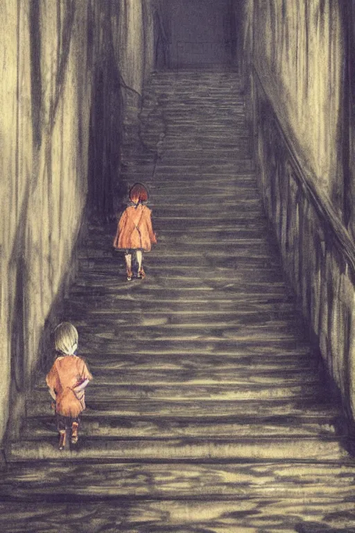 Image similar to a painting of two children with glowing eyes walking down a set of stairs, concept art by sadamichi hirasawa, featured on pixiv, neoplasticism, concept art, demonic photograph, cryengine