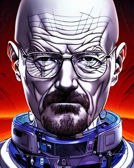 Image similar to portrait of walter white as a robot, cybernetic enhancements, art by makoto shinkai and alan bean, yukito kishiro