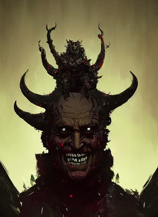 Image similar to dark demonic Joe Biden grinning emperor of the world, high contrast with devil horns, cosmic horror, abstract, masterpiece, trending on ArtStation, by Greg Rutkovski and by Craig Mullins and by David Cronenberg and by Ismail Inceoglu